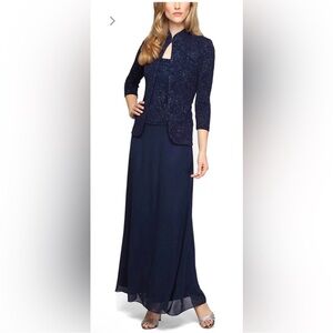 Alex Evenings Navy Blue Crystal and Chiffon Dress and Jacket 2 Piece Set Sz 18